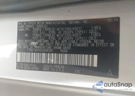 2005 Toyota Tundra Limited V8 from USA, damaged, VIN 5TBDT48145S466587